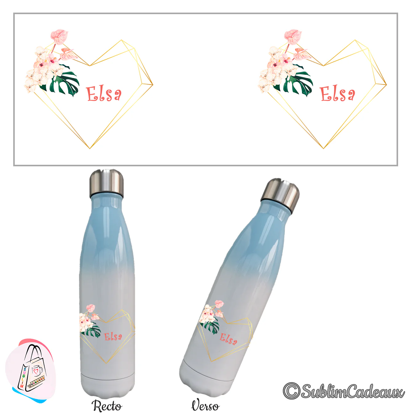 Fleurs tropicales et cœur géométrique doré avec le prénom Elsa, imprimés sur une bouteille isotherme dégradé bleu et blanc