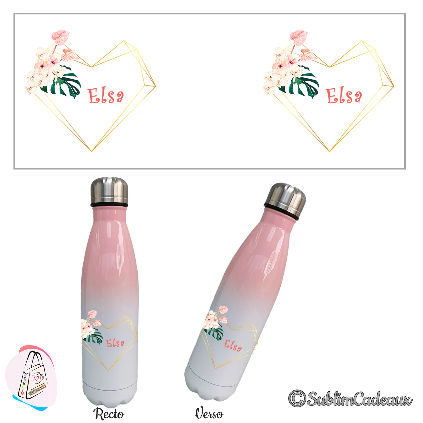 Anthurium, orchidées et feuille de monstera dans un cœur doré avec le prénom Elsa, sur une bouteille isotherme rose et blanc