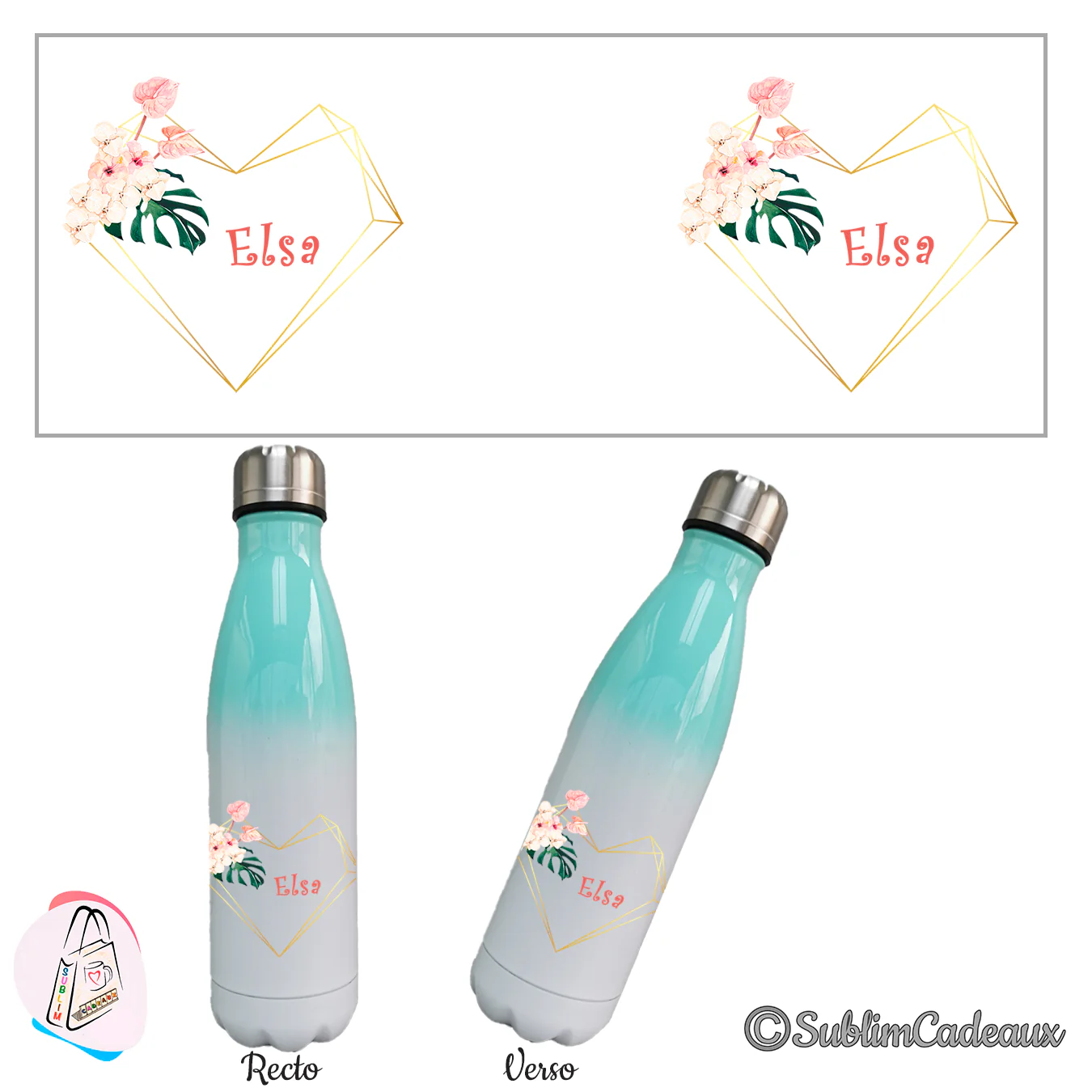 Cœur géométrique doré, fleurs tropicales et prénom Elsa sublimés sur une gourde isotherme dégradé vert menthe et blanc