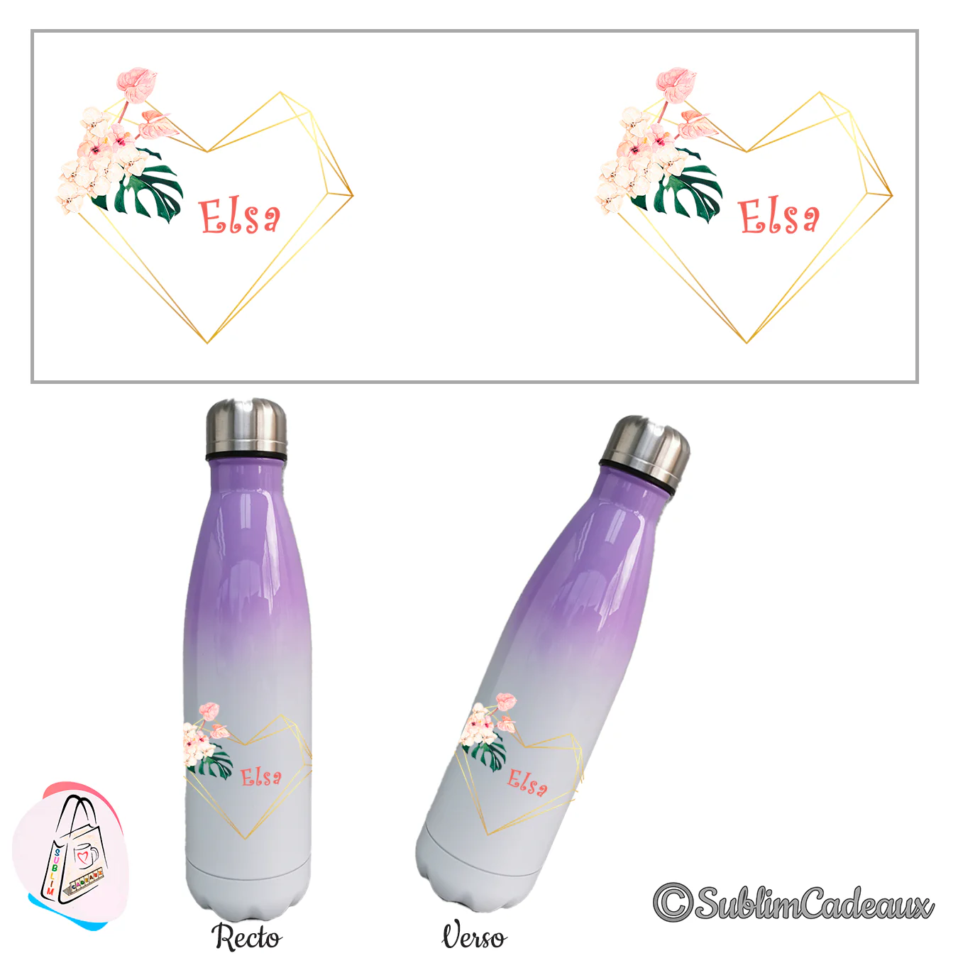Sur une bouteille isotherme dégradé violet et blanc, cœur doré, fleurs tropicales et prénom Elsa en corail