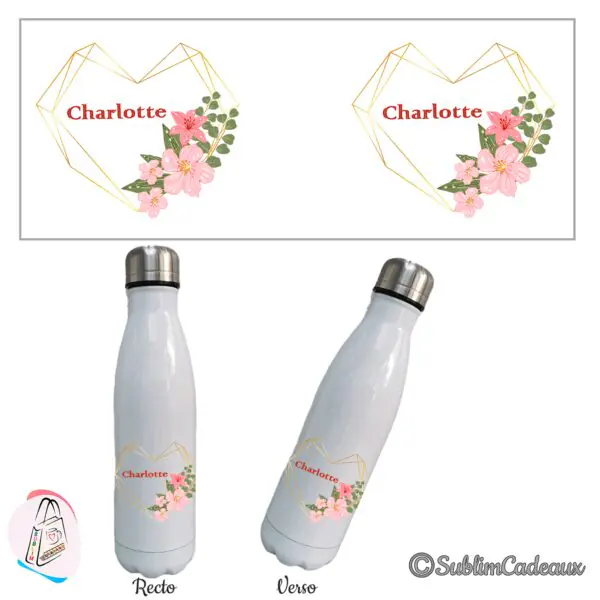 Gourde isotherme blanche, cœur géométrique doré et lys rose, prénom à personnaliser en rouge