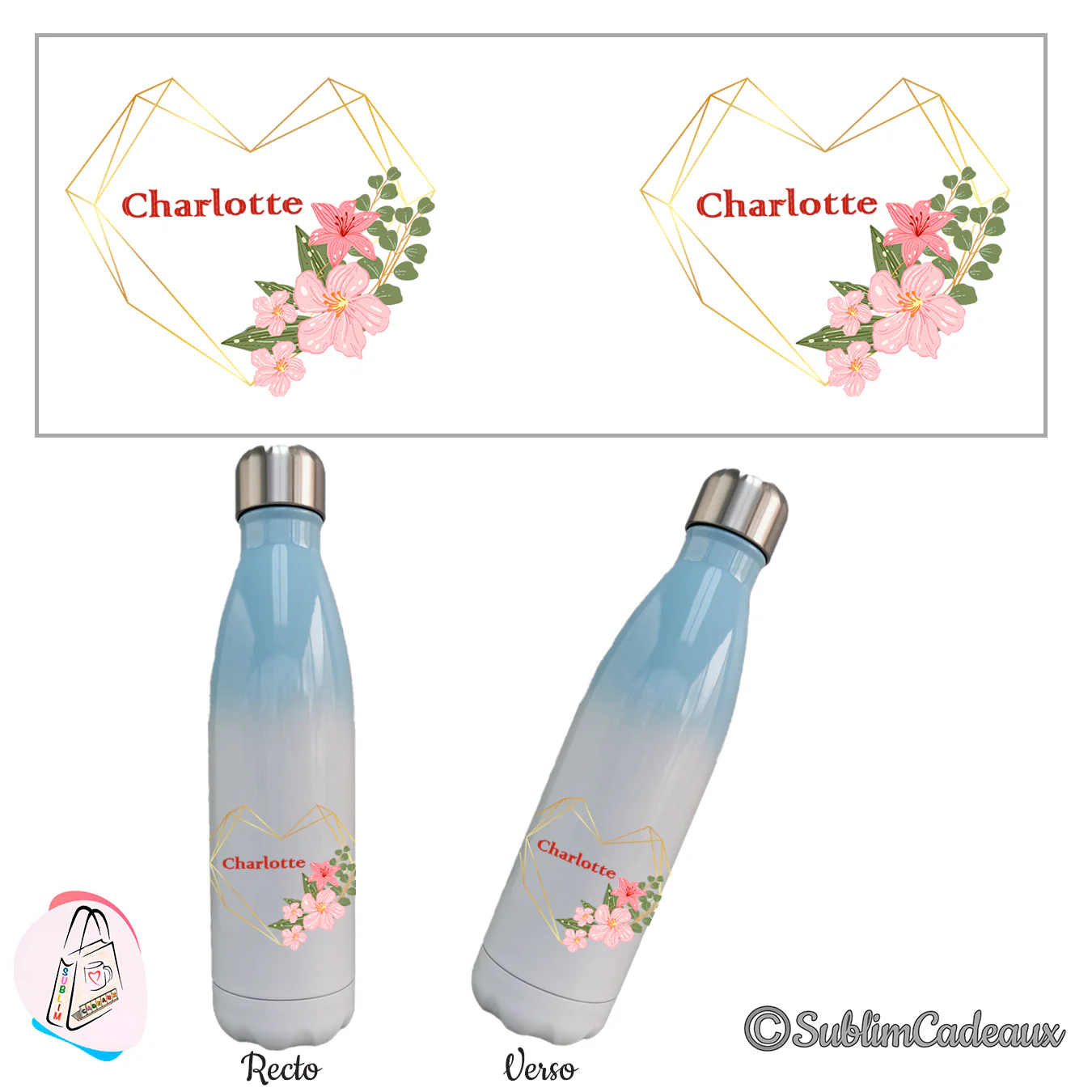 Lys rose, fleurs et eucalyptus dans un cœur doré avec le prénom Charlotte, sur une bouteille isotherme bleu et blanc