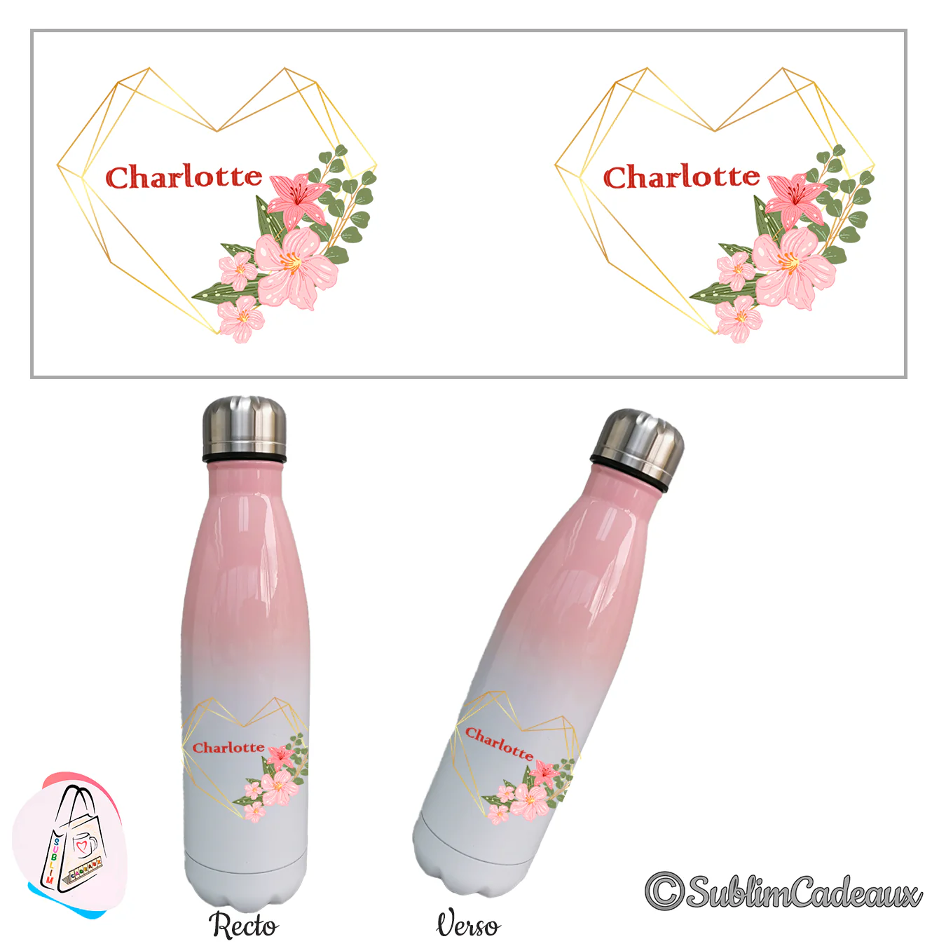Cœur géométrique doré, lys et fleurs roses encadrant le prénom Charlotte, imprimés sur une gourde isotherme rose et blanc