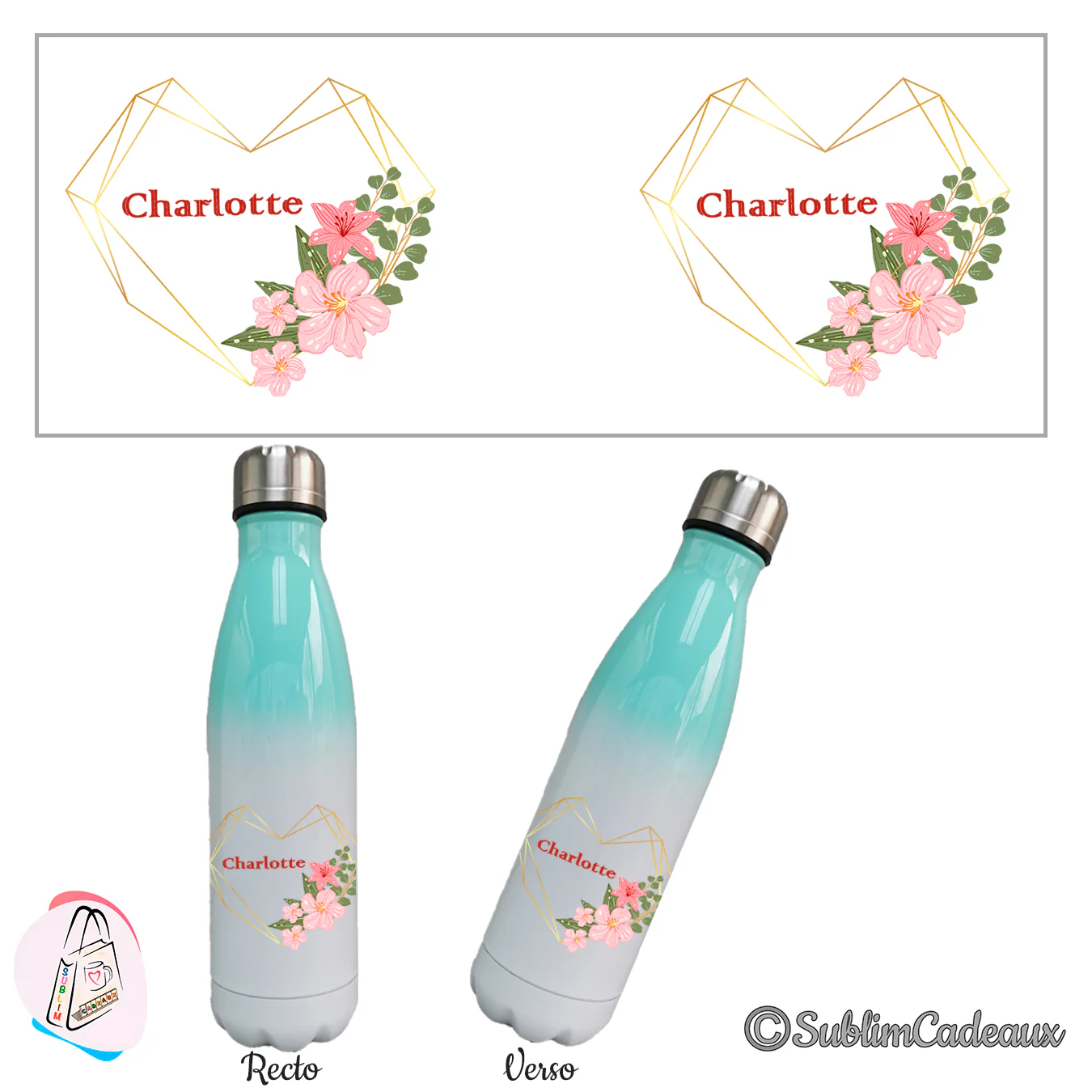 Bouquet de lys et fleurs roses au cœur doré avec le prénom Charlotte sur une bouteille isotherme vert menthe et blanc