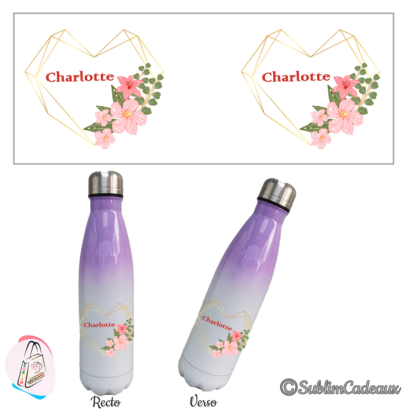 Décor de lys rose, fleurs et eucalyptus au cœur doré avec le prénom Charlotte, bouteille isotherme dégradé violet et blanc