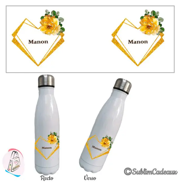 Bouteille isotherme blanche, cœur doré pailleté et fleurs jaunes, prénom à personnaliser en brun