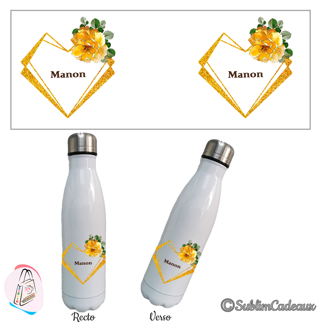 Bouteille isotherme blanche, cœur doré pailleté et fleurs jaunes, prénom à personnaliser en brun
