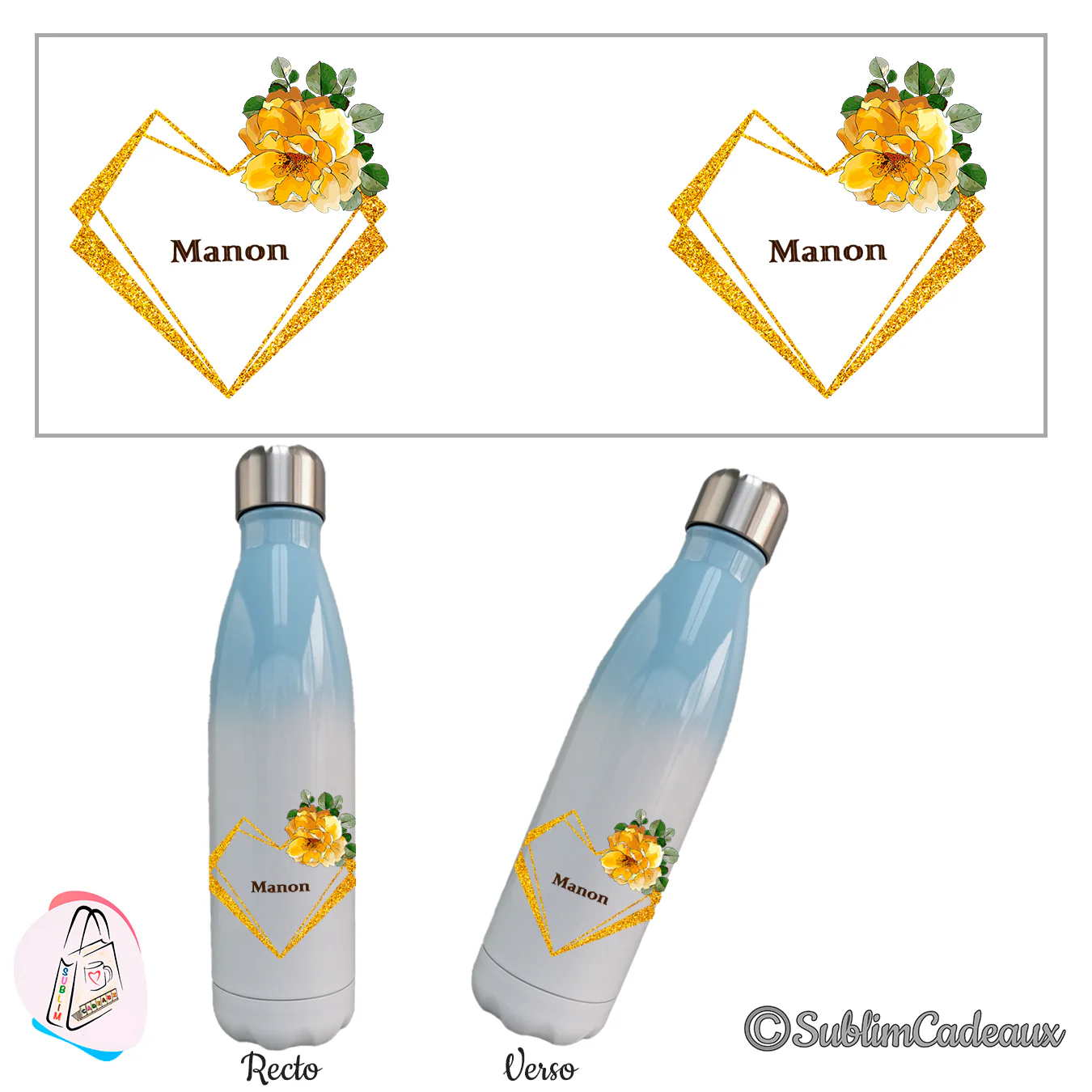 Bouteille isotherme dégradé bleu et blanc, cœur en paillettes dorées et roses jaunes sublimé, prénom Manon
