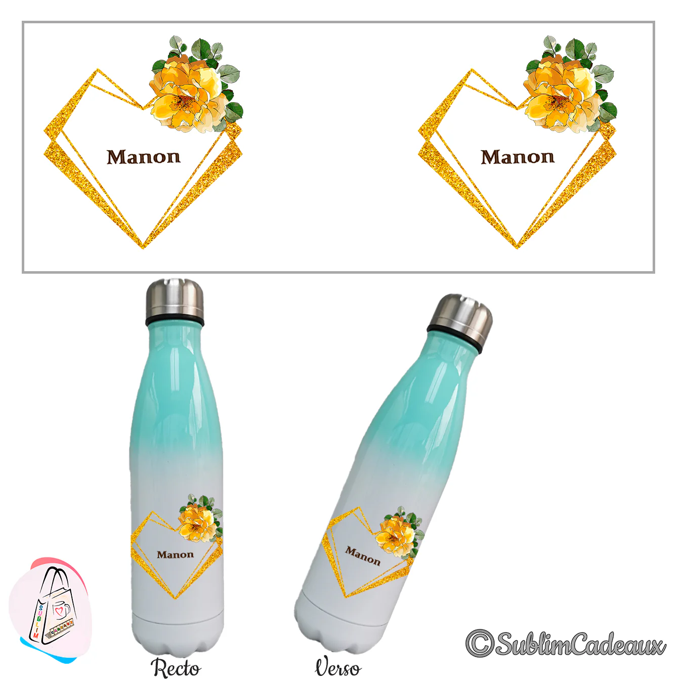 Bouteille isotherme dégradé vert menthe, cœur en paillettes dorées et fleurs jaunes, prénom Manon, recto verso