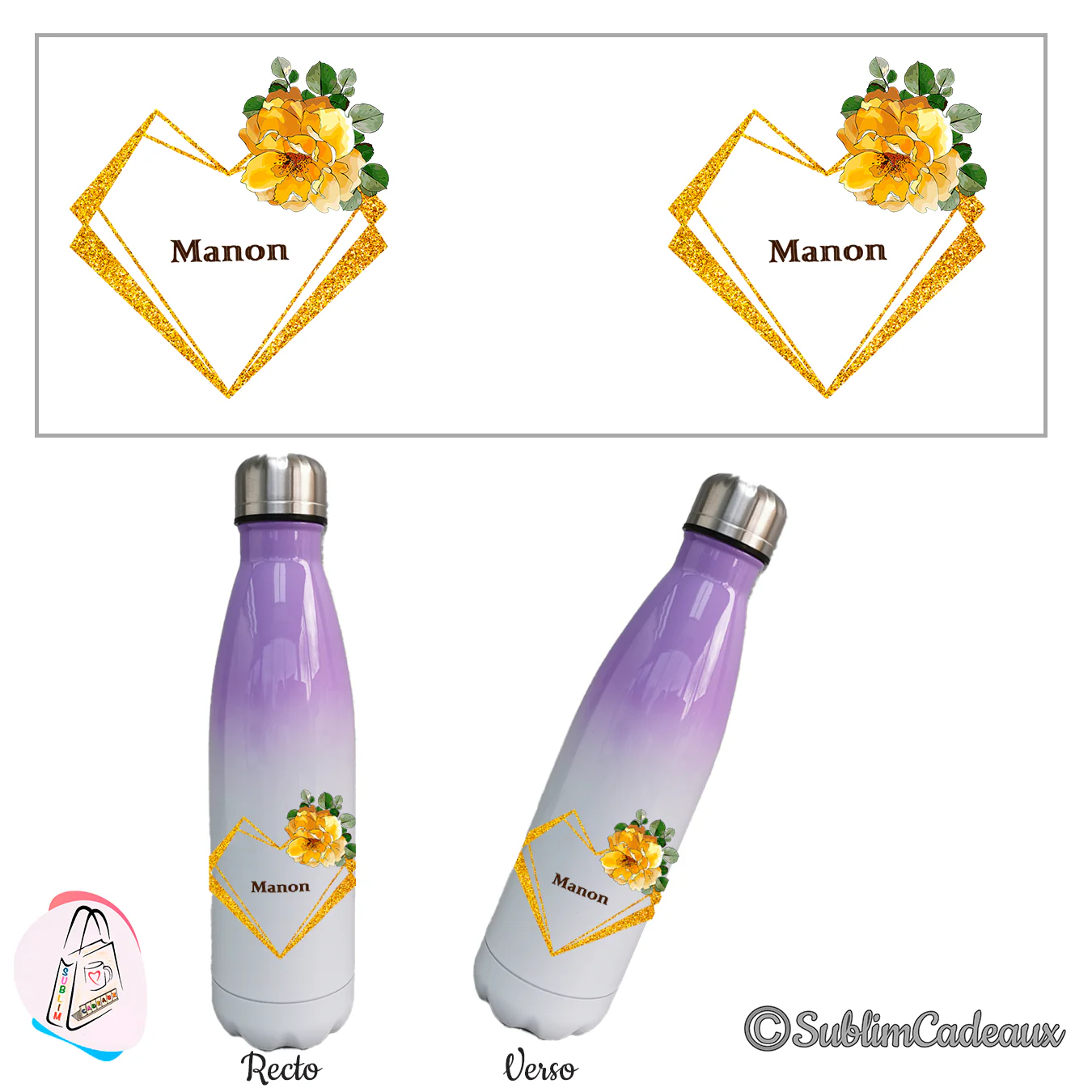 Bouteille isotherme dégradé violet et blanc, cœur pailleté doré et roses jaunes sublimé, prénom Manon