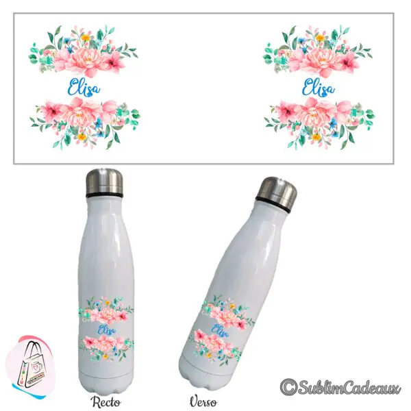 Gourde isotherme blanche, bouquets de pivoines roses aquarelle, prénom à personnaliser en bleu