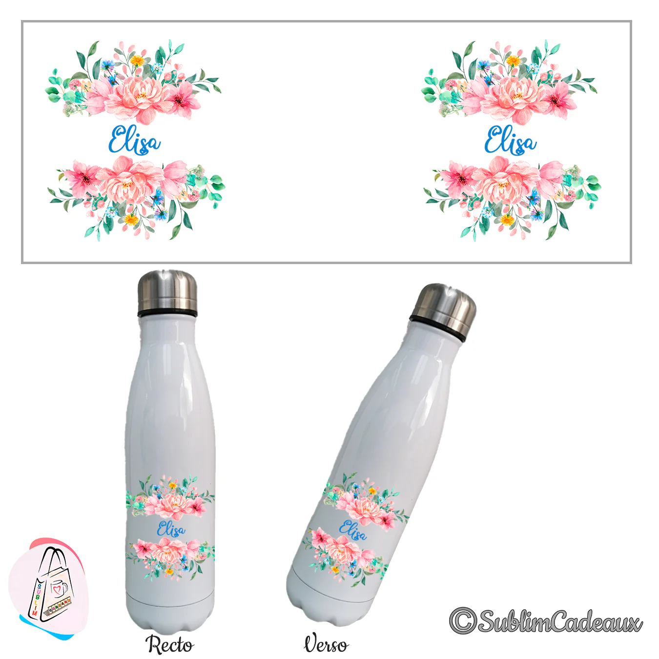 Gourde isotherme blanche, bouquets de pivoines roses aquarelle, prénom à personnaliser en bleu