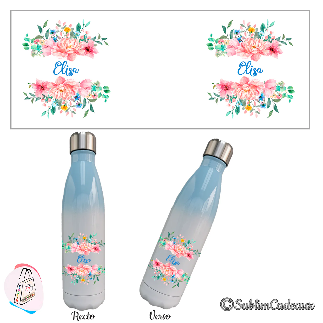Bouteille isotherme dégradé bleu et blanc, bouquet de fleurs roses aquarelle sublimé et prénom Elisa en bleu