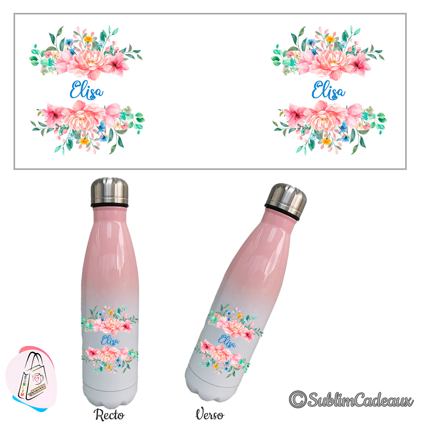 Bouteille isotherme dégradé rose et blanc, fleurs roses aquarelle sublimées et prénom Elisa en lettres bleues