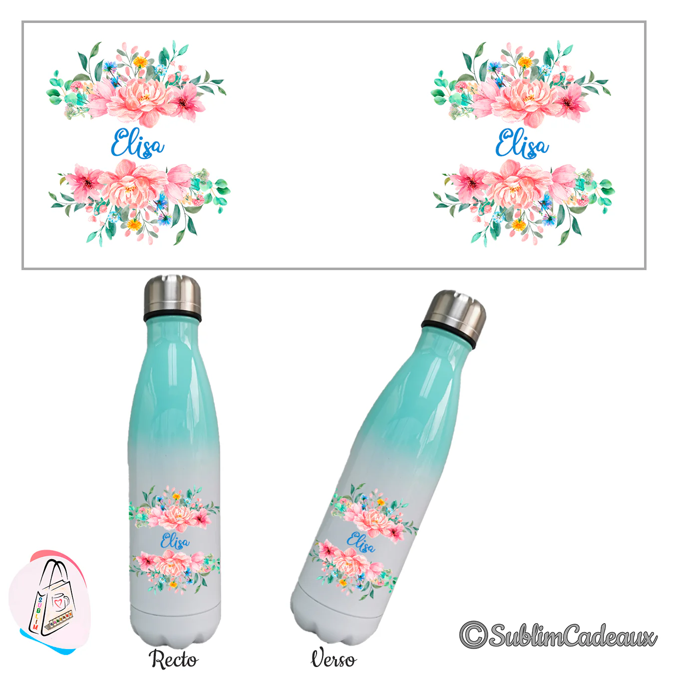 Bouteille isotherme dégradé vert menthe, bouquet de pivoines roses et prénom Elisa en bleu, recto verso