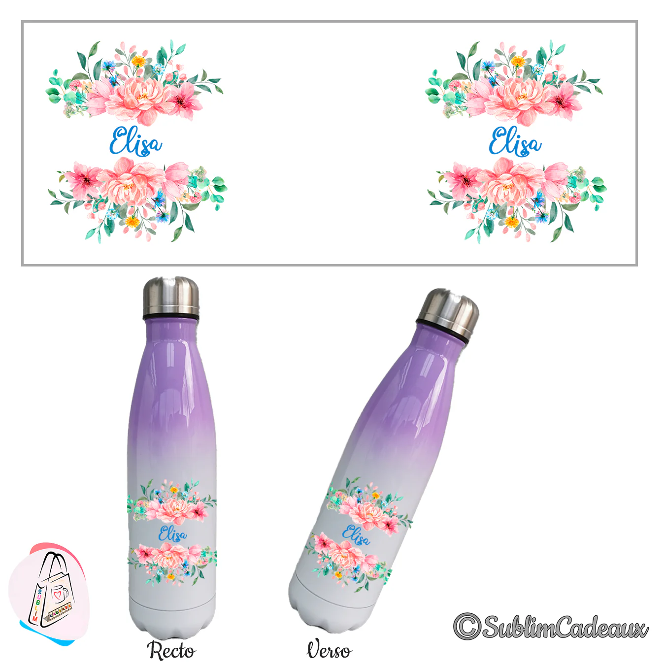 Bouteille isotherme dégradé violet et blanc, fleurs roses aquarelle et prénom Elisa en bleu sublimés