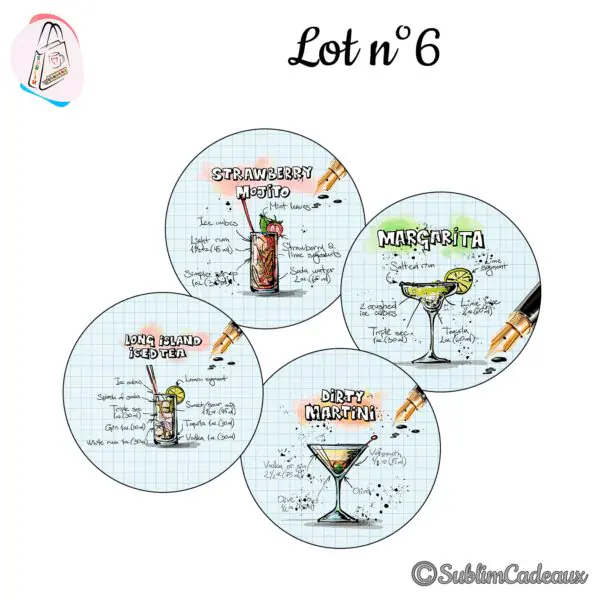 Jeu de quatre dessous de verre ronds à cocktails croqués et leurs recettes sur fond quadrillé style carnet