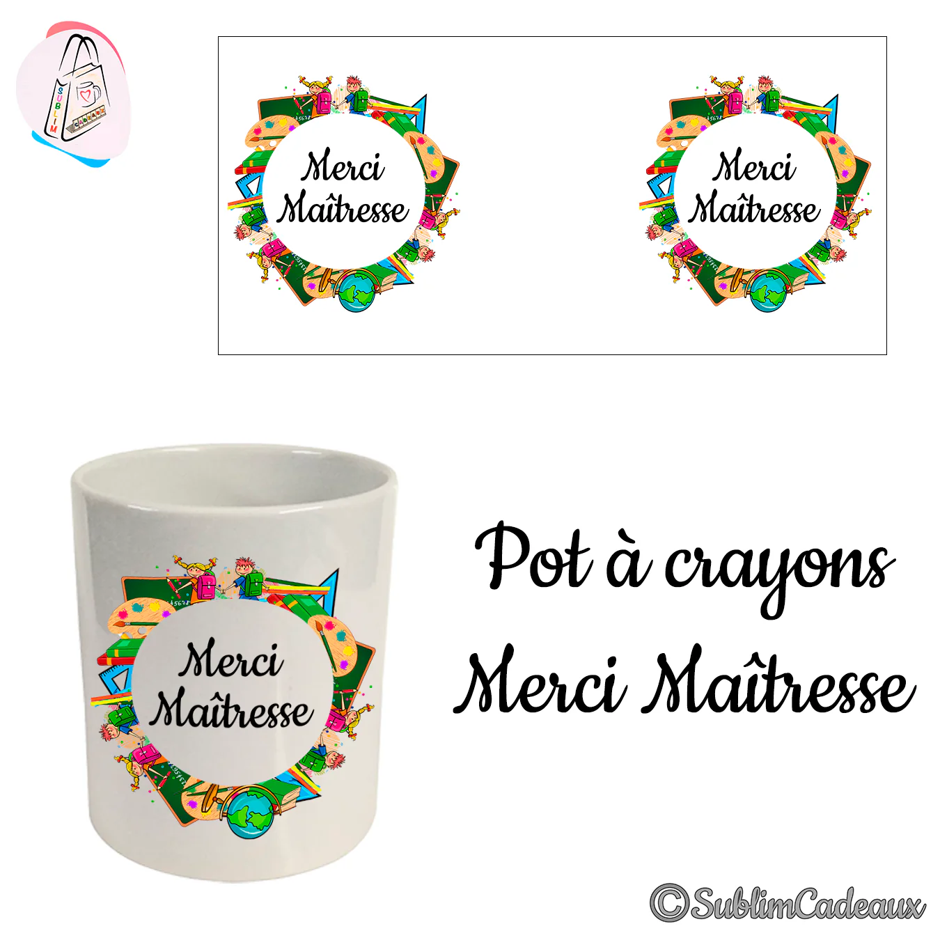 Pot à crayons en céramique blanche imprimé Merci Maîtresse dans une couronne d'objets d'école colorés