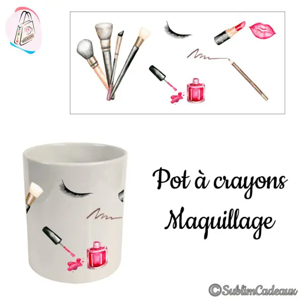 Pot à crayons en céramique blanche imprimé d'accessoires de maquillage aquarelle : pinceaux, rouge à lèvres et vernis