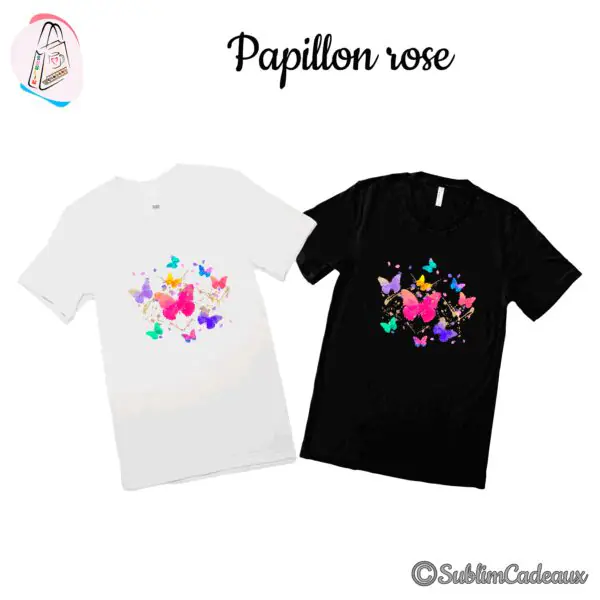 Tee-shirts blanc et noir imprimés d'une nuée de papillons aquarelle roses et multicolores avec éclats dorés