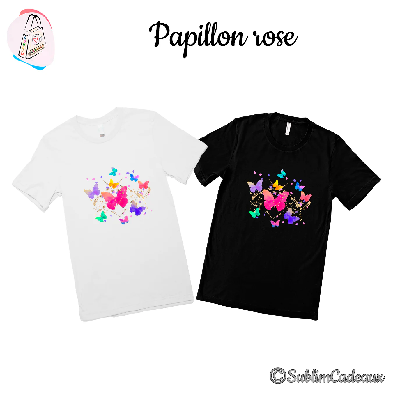 Tee-shirts blanc et noir imprimés d'une nuée de papillons aquarelle roses et multicolores avec éclats dorés