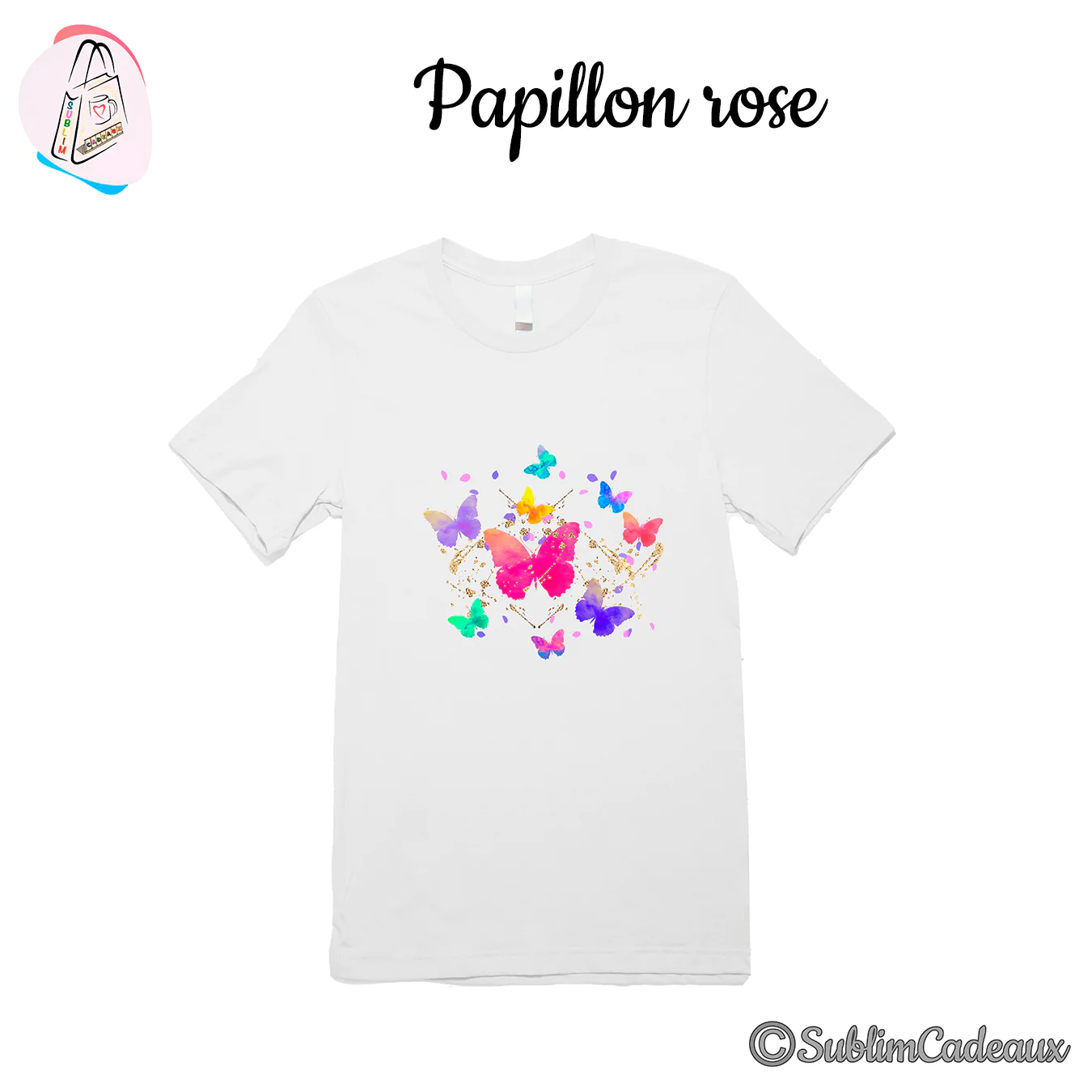 Tee-shirt blanc imprimé d'un envol de papillons multicolores aquarelle, papillon rose au centre et touches dorées