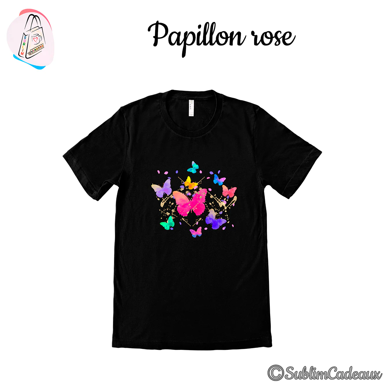 Tee-shirt noir orné de papillons aquarelle multicolores, grand papillon rose central et éclats de paillettes dorées