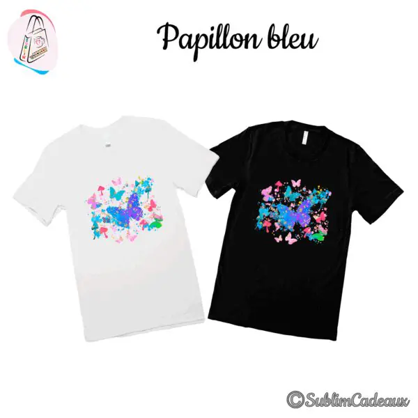 Duo de tee-shirts blanc et noir imprimé d'un vol de papillons aquarelle dominé par un grand papillon bleu