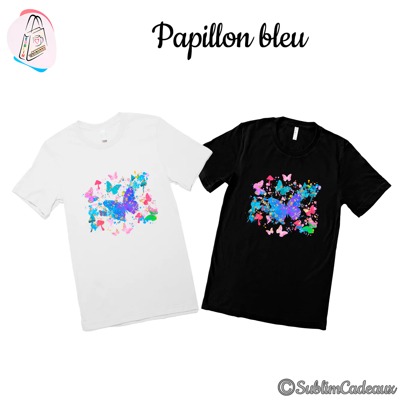 Duo de tee-shirts blanc et noir imprimé d'un vol de papillons aquarelle dominé par un grand papillon bleu