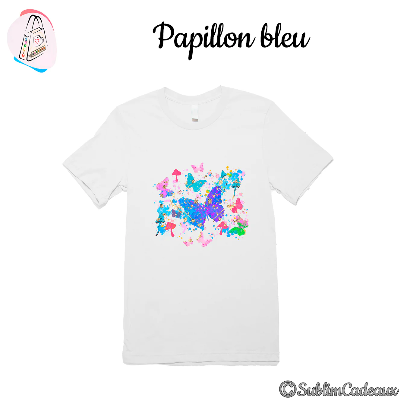 Tee-shirt blanc imprimé de papillons colorés en éclaboussures, grand papillon bleu au centre et taches dorées