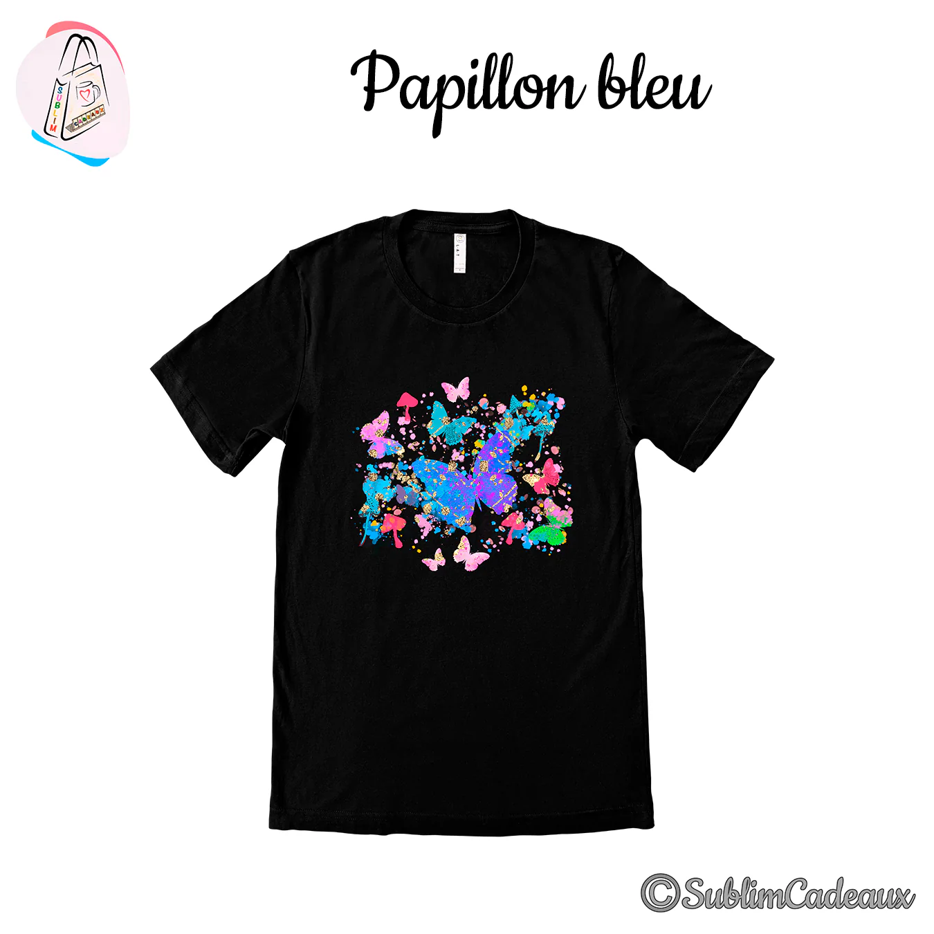 Tee-shirt noir orné de papillons multicolores façon éclaboussures de peinture, papillon bleu central et reflets dorés