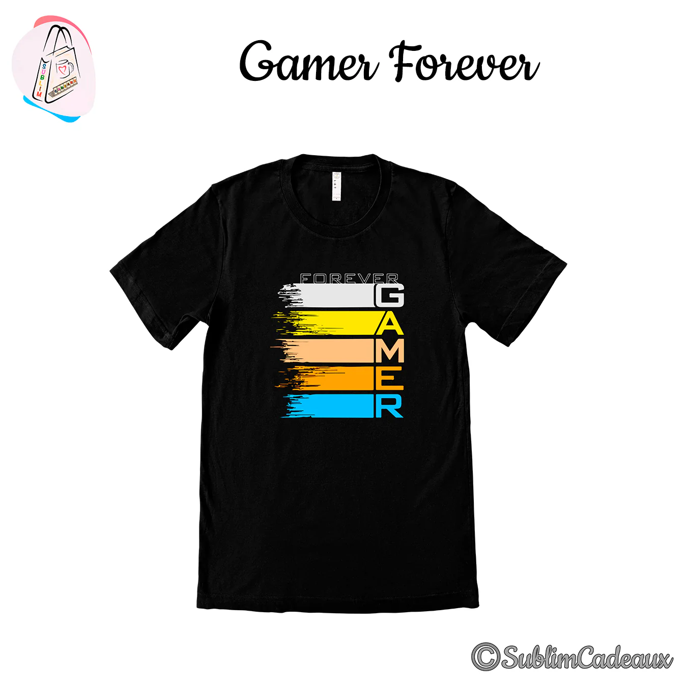Tee-shirt noir imprimé du visuel Forever Gamer, lettres sur des bandes blanches, jaunes, orange et bleues