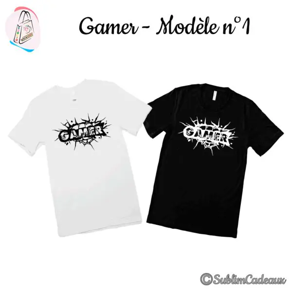 Tee-shirt blanc et tee-shirt noir imprimés du mot GAMER en lettres façon graffiti sur un mur fissuré