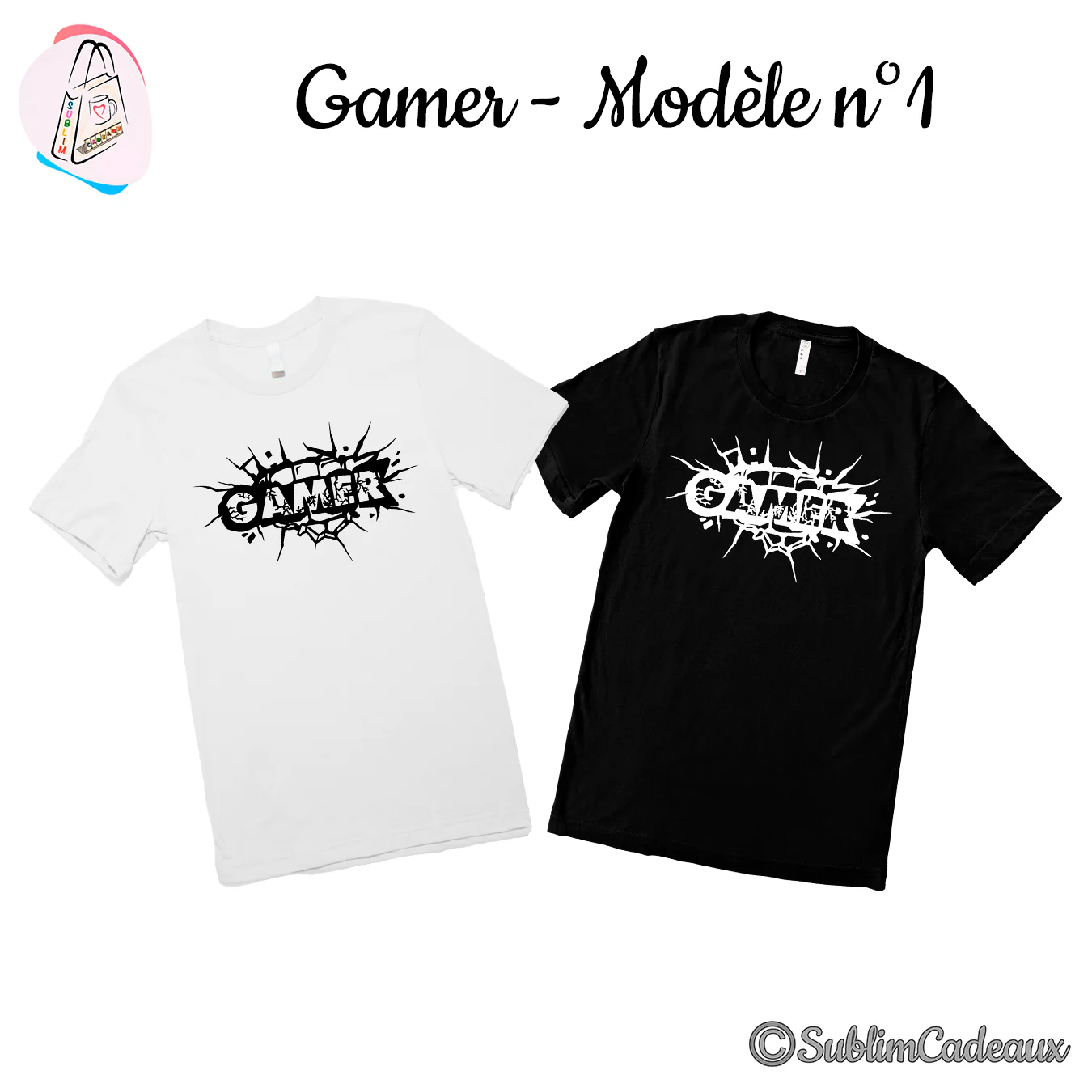 Tee-shirt blanc et tee-shirt noir imprimés du mot GAMER en lettres façon graffiti sur un mur fissuré