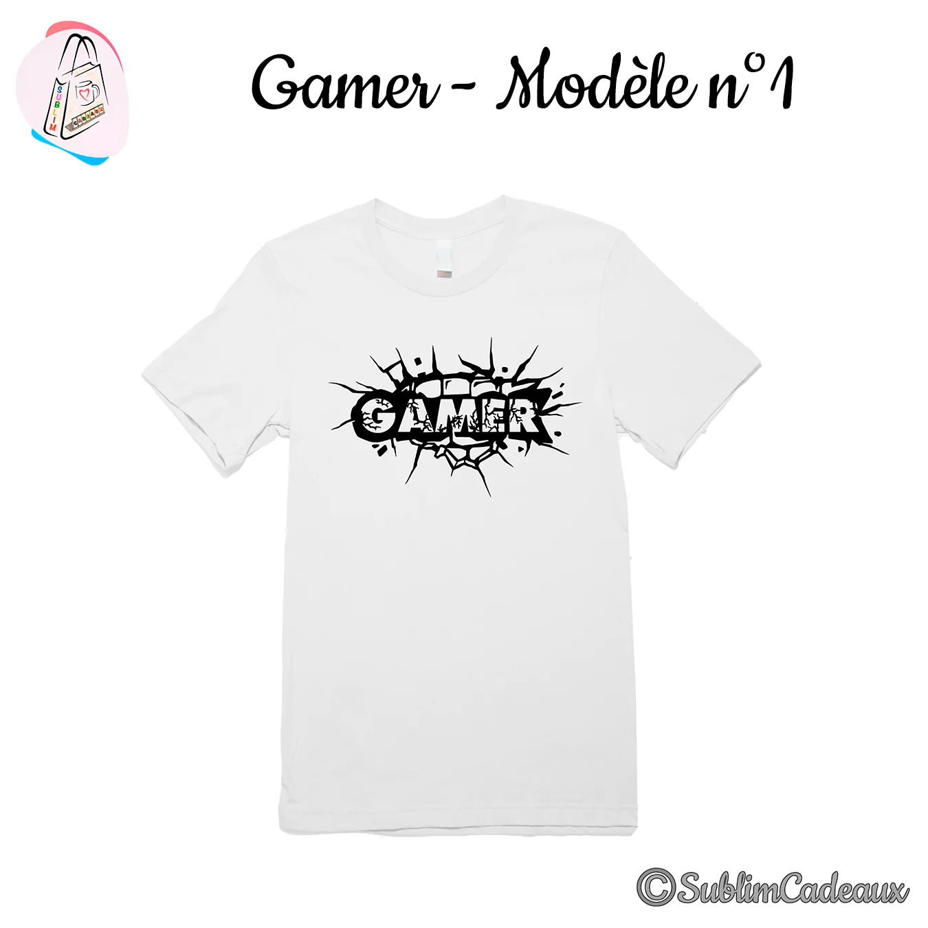 Tee-shirt blanc imprimé du mot GAMER en lettres noires sur un mur fissuré façon impact