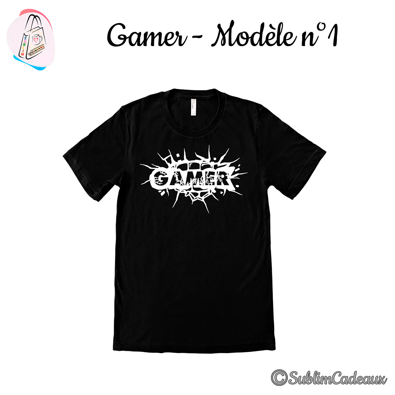 Tee-shirt noir imprimé du mot GAMER en lettres blanches jaillissant d'un mur fissuré façon impact