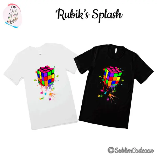 Deux tee-shirts, blanc et noir, imprimés d'un cube casse-tête multicolore dégoulinant de peinture
