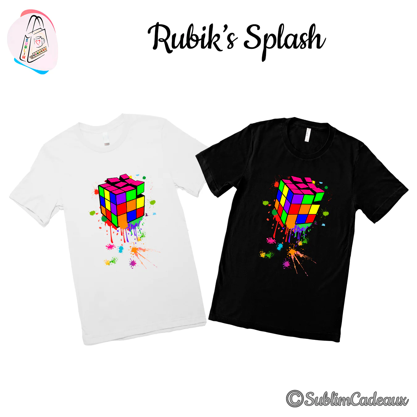 Deux tee-shirts, blanc et noir, imprimés d'un cube casse-tête multicolore dégoulinant de peinture