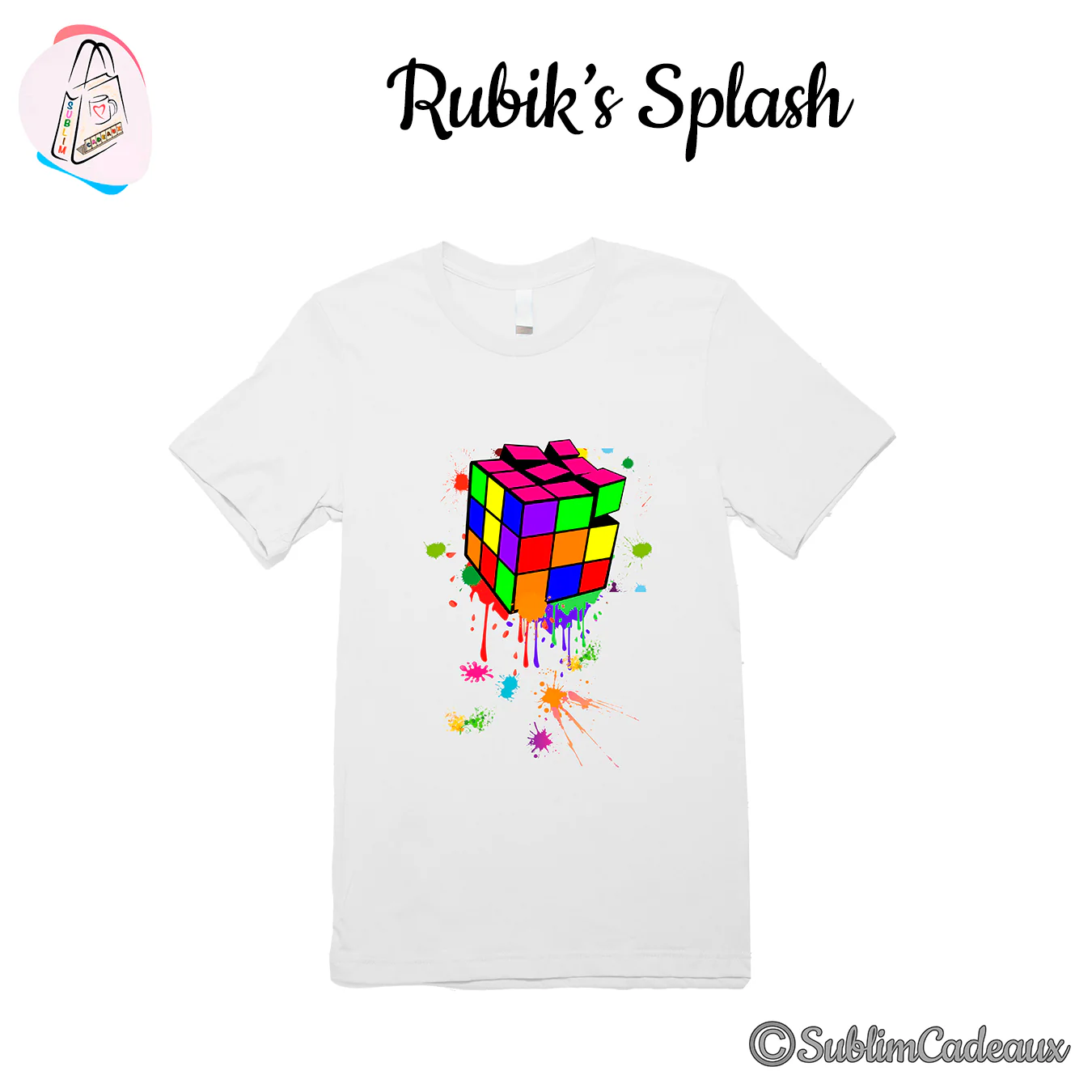 Tee-shirt blanc imprimé d'un cube casse-tête coloré dégoulinant d'éclaboussures de peinture multicolores