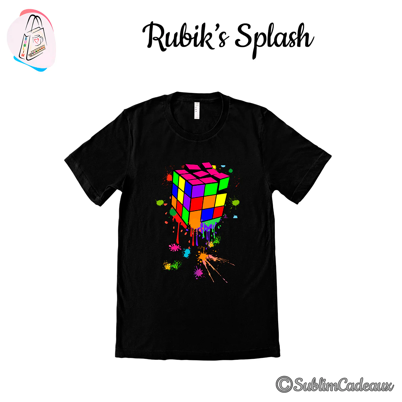 Tee-shirt noir imprimé d'un cube casse-tête coloré entouré de coulures et taches de peinture vives