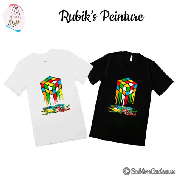 Tee-shirts blanc et noir imprimés d'un cube casse-tête multicolore fondant en une flaque de peinture