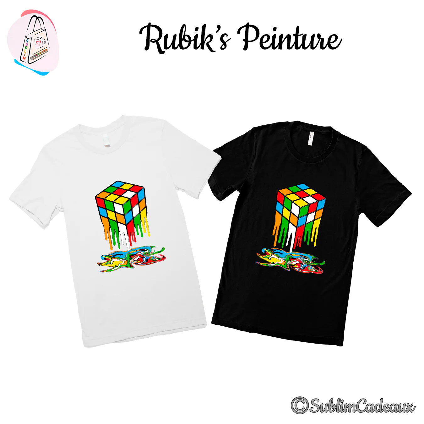Tee-shirts blanc et noir imprimés d'un cube casse-tête multicolore fondant en une flaque de peinture