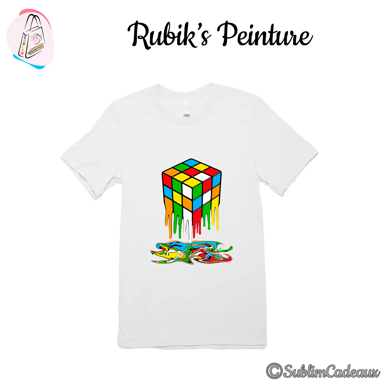 Tee-shirt blanc imprimé d'un cube casse-tête coloré qui fond en une flaque de peinture tourbillonnante