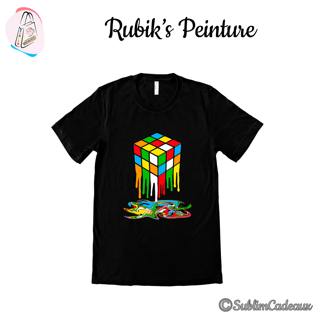 Tee-shirt noir imprimé d'un cube casse-tête coloré fondant en une mare de peinture multicolore