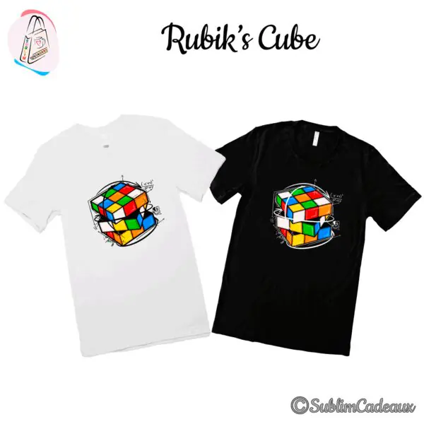 Tee-shirts blanc et noir imprimés d'un Rubik's cube multicolore façon croquis, entouré de formules mathématiques