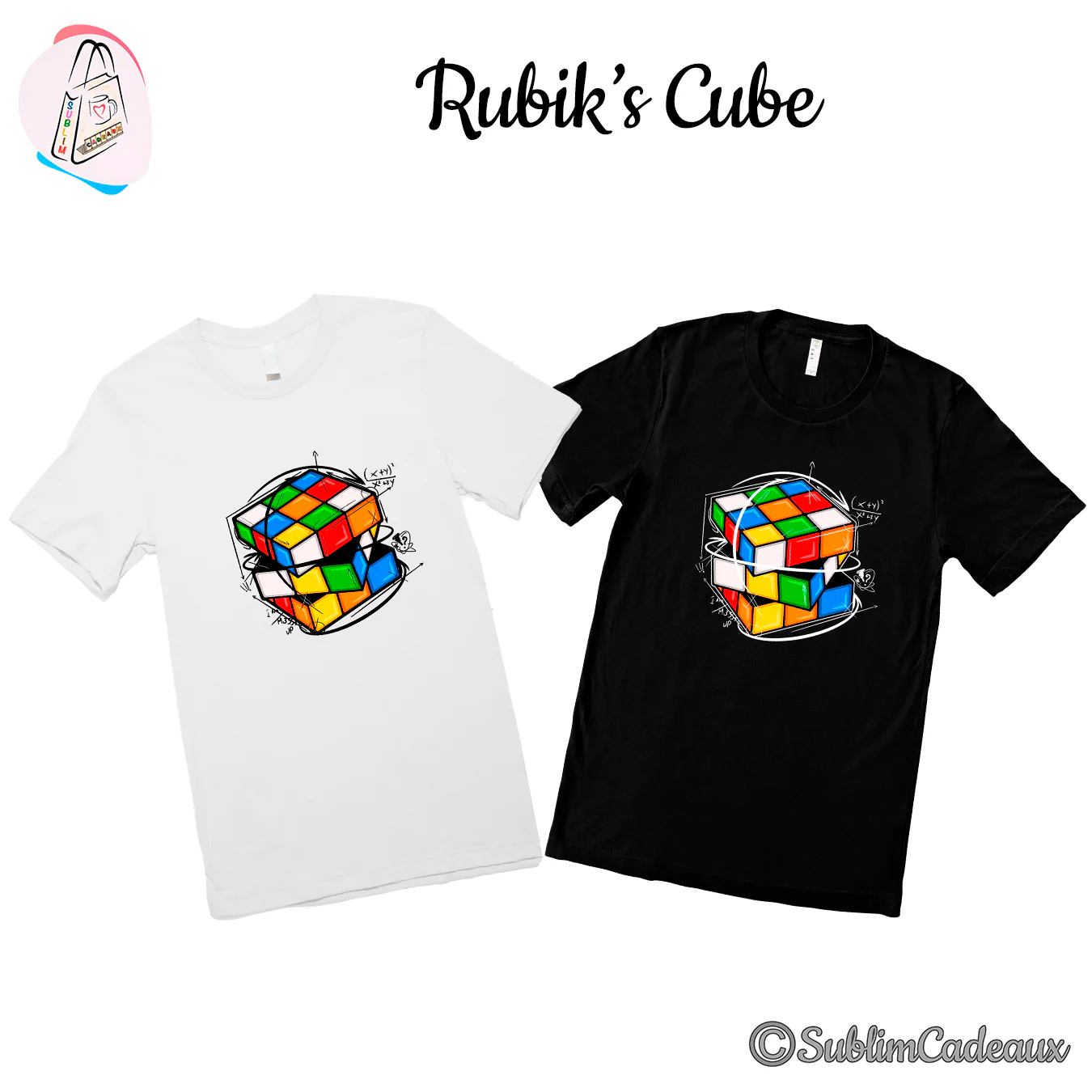 Tee-shirts blanc et noir imprimés d'un Rubik's cube multicolore façon croquis, entouré de formules mathématiques