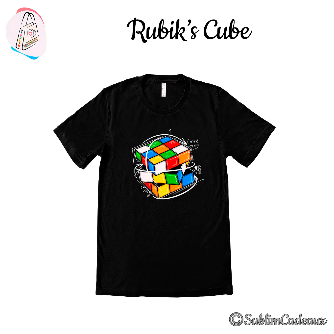 Tee-shirt noir imprimé d'un cube casse-tête coloré croqué au trait blanc avec équations mathématiques