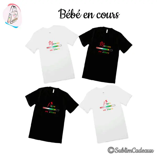 Tee-shirts blancs et noirs imprimés des mentions Maman en cours et Papa en cours avec une barre de chargement colorée
