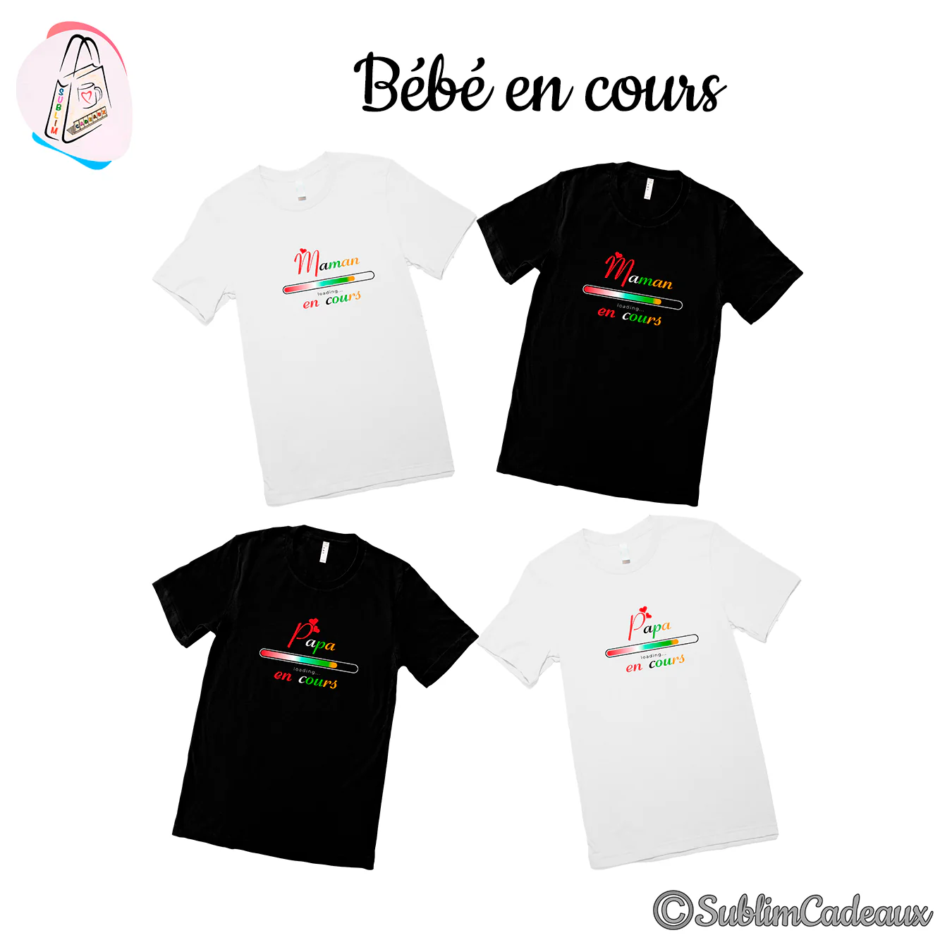 Tee-shirts blancs et noirs imprimés des mentions Maman en cours et Papa en cours avec une barre de chargement colorée