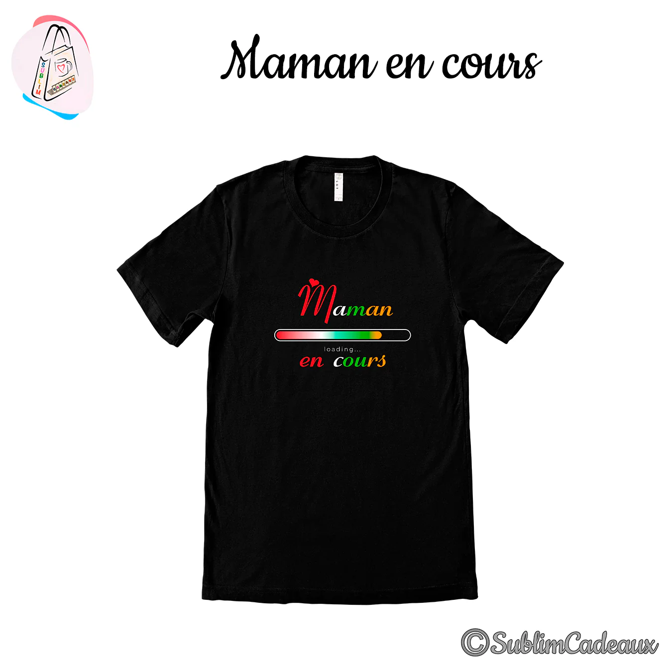 Tee-shirt noir imprimé « Maman en cours » avec barre de chargement colorée et petit cœur rouge